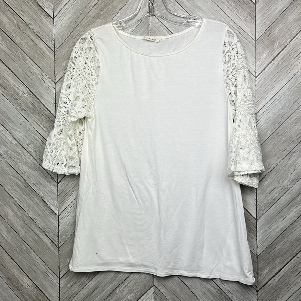 White Boatneck Top With 3/4 Lace Crochet Cutout Bell Sleeves Medium